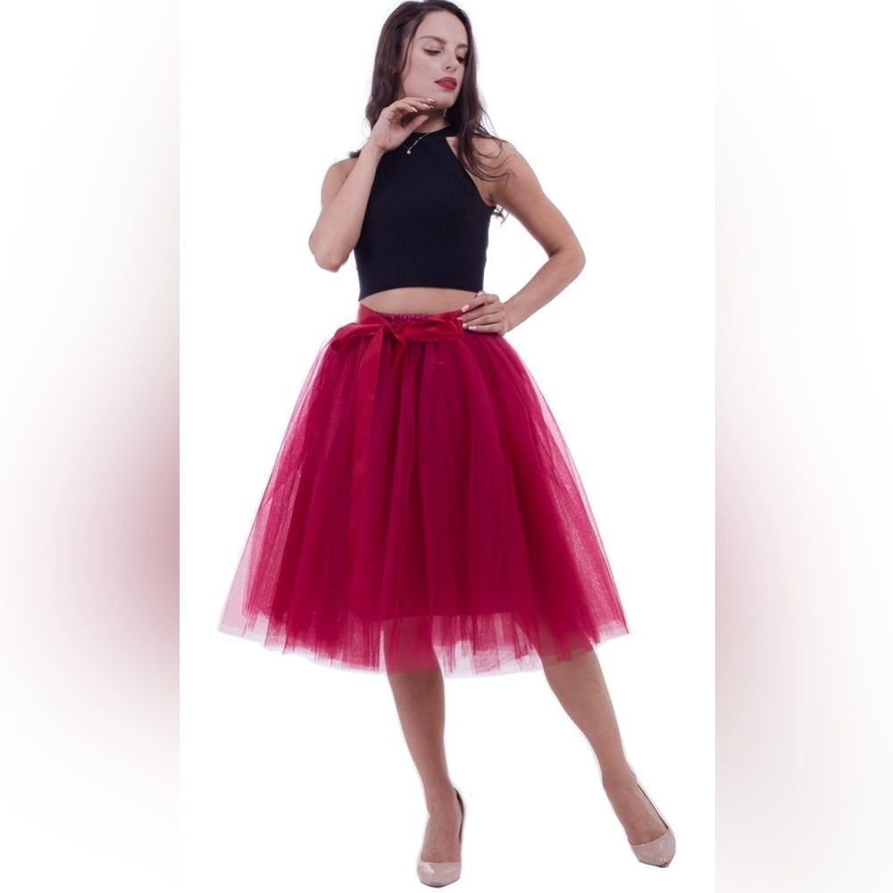 New‎ Red Tulle Skirt Adult 6Layered Pleated Skirt Knee Length Petticoat Skirt